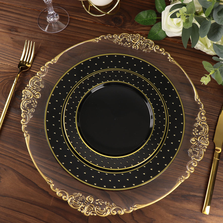 7.5inch Black / Gold 3D Disposable Dessert Plates Dotted Rim Design, Round Plastic Appetizer Plates