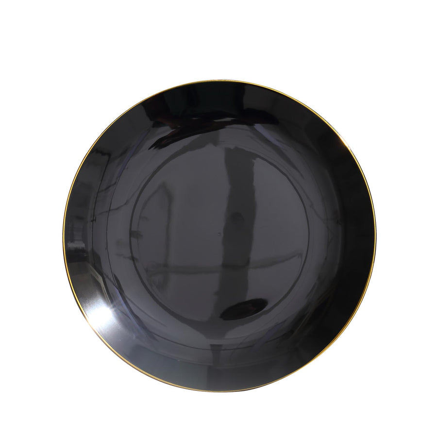 10 Pack | 10inch Glossy Black Round Disposable Dinner Plates With Gold Rim#whtbkgd
