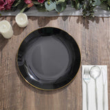 10 Pack | 10inch Glossy Black Round Disposable Dinner Plates With Gold Rim