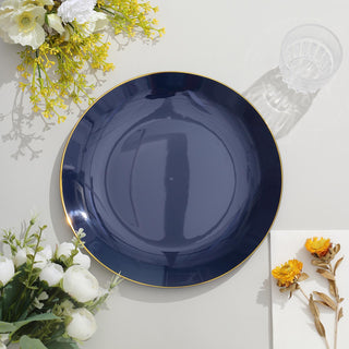 Elevate Your Table Setting with 10 Pack of Glossy Navy Blue Round Disposable Dinner Plates With Gold Rim