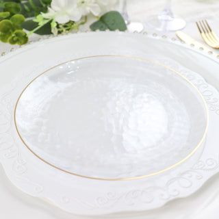 Clear Hammered 7" Round Plastic Dessert Appetizer Plates With Gold Rim