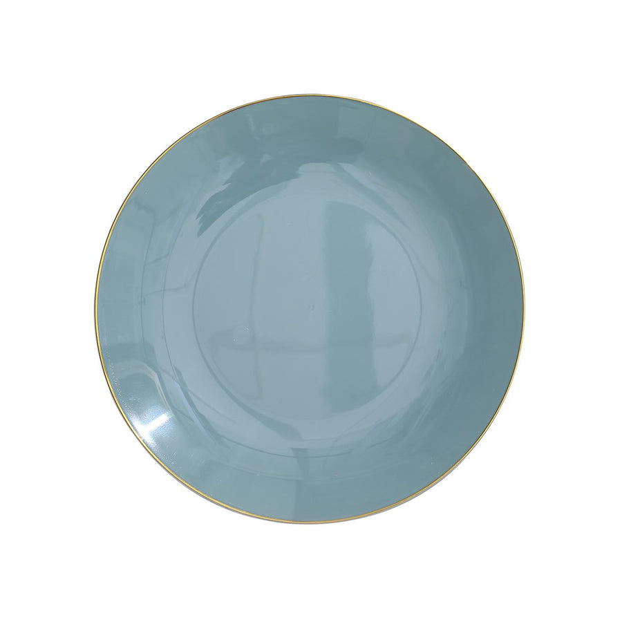 10 Pack | 8inch Glossy Dusty Blue Round Plastic Salad Plates With Gold Rim#whtbkgd