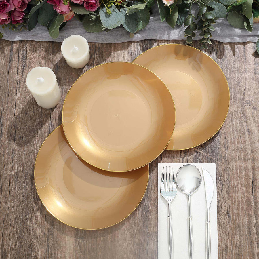 10 Pack | 8inch Gold Round Plastic Salad Plates With Gold Rim