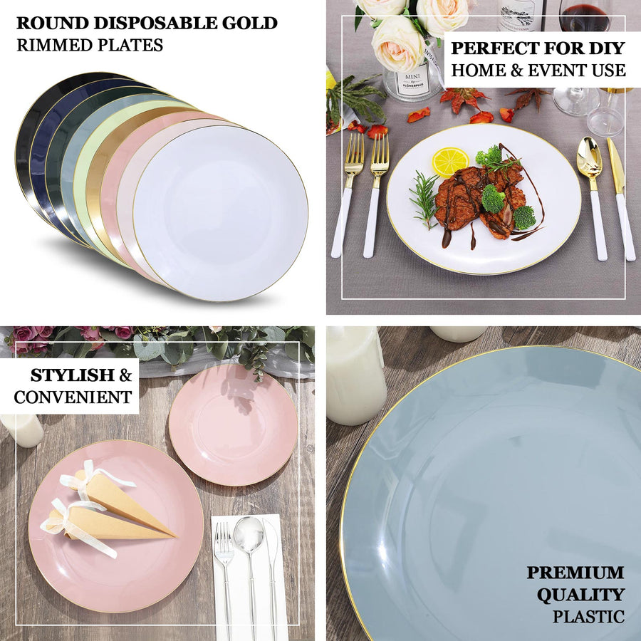 10 Pack | 8inch Glossy White Round Plastic Salad Plates With Gold Rim