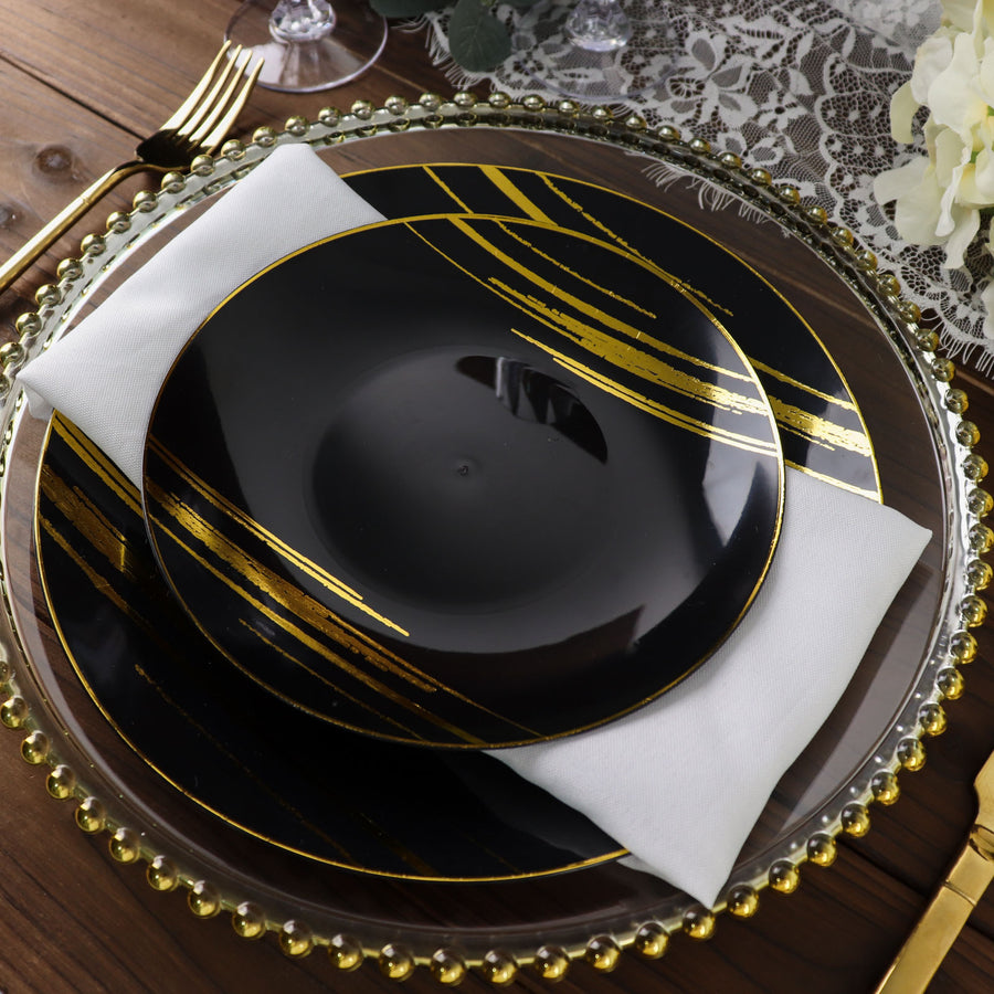 10 Pack | Black & Gold Brush Stroked 7inch Round Plastic Dessert Plates