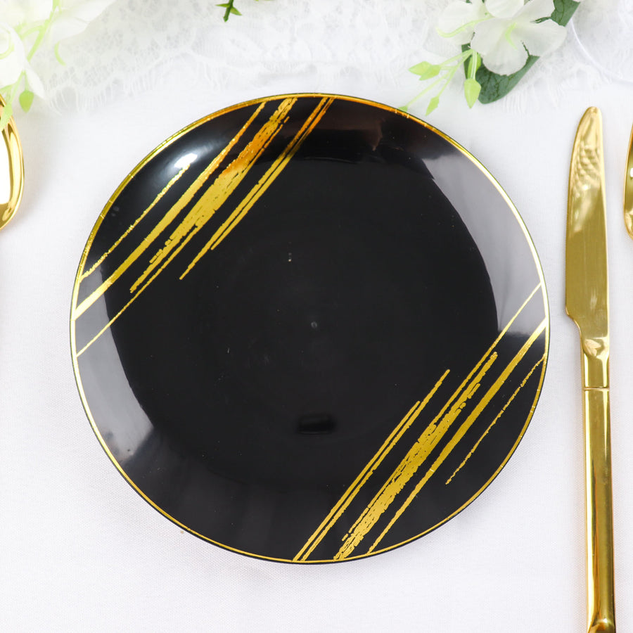 10 Pack | Black & Gold Brush Stroked 7inch Round Plastic Dessert Plates
