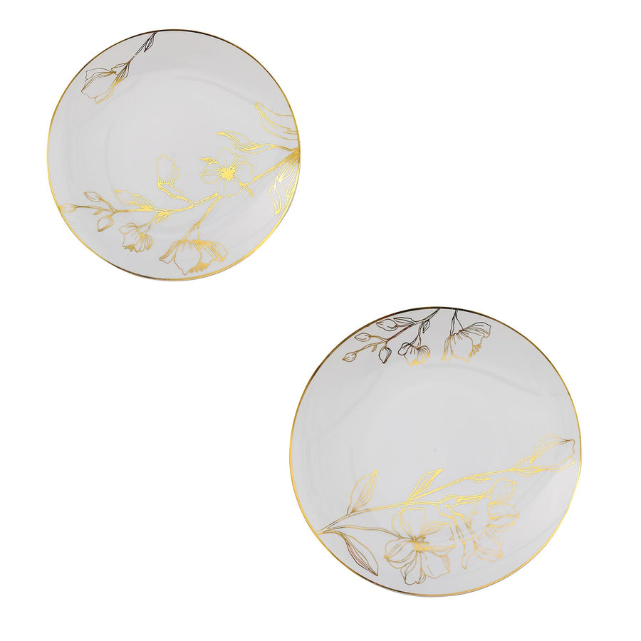 Set of 20 White Plastic Dinner Dessert Plates With Metallic Gold Floral Design, Disposable Round