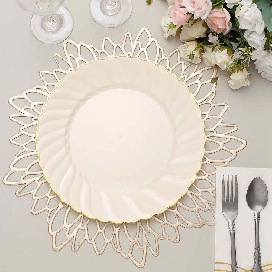 10 Pack | 10inch Ivory / Gold Flair Rim Disposable Dinner Plates, Round Plastic Party Plates