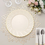 10 Pack | 10inch Ivory / Gold Flair Rim Disposable Dinner Plates, Round Plastic Party Plates