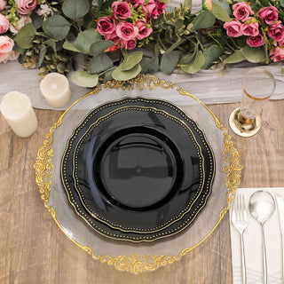 Elegant Black/Gold Scalloped Rim Disposable Dinner Plates