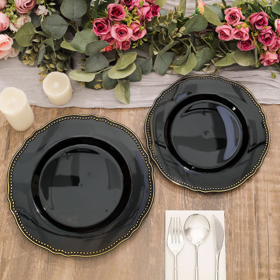 10 Pack | 9inch Black / Gold Scalloped Rim Disposable Dinner Plates