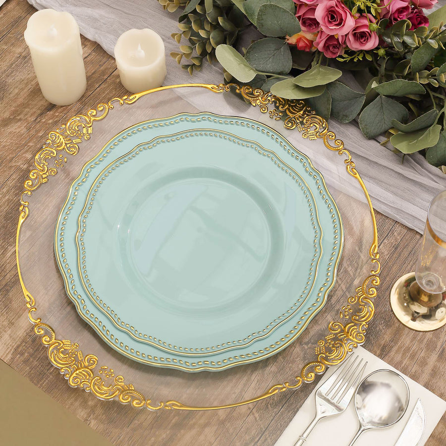 10 Pack | 9inch Jade / Gold Scalloped Rim Plastic Dinner Plates