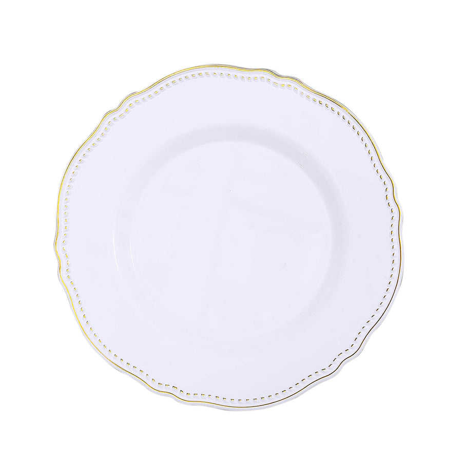 10 Pack | 9inch White / Gold Scalloped Rim Plastic Dinner Plates#whtbkgd