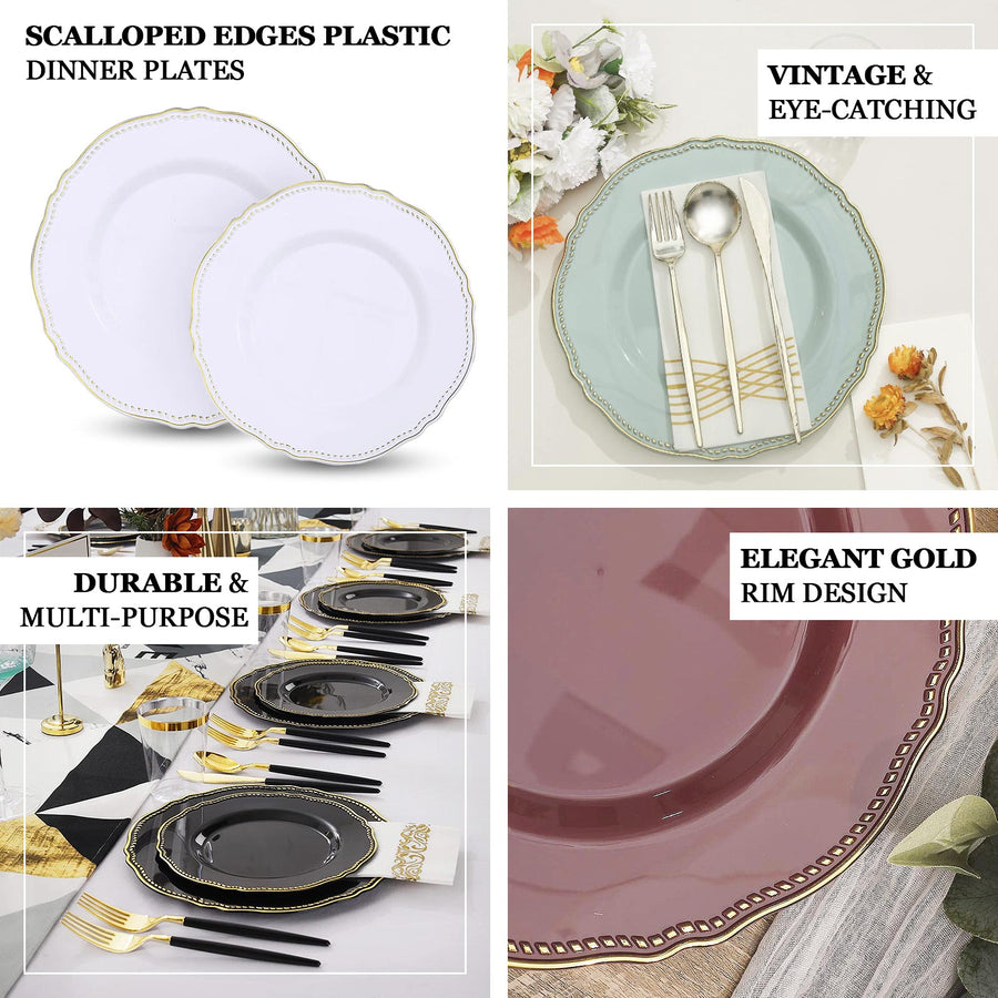 10 Pack | 10inch White / Gold Scalloped Rim Plastic Dinner Plates