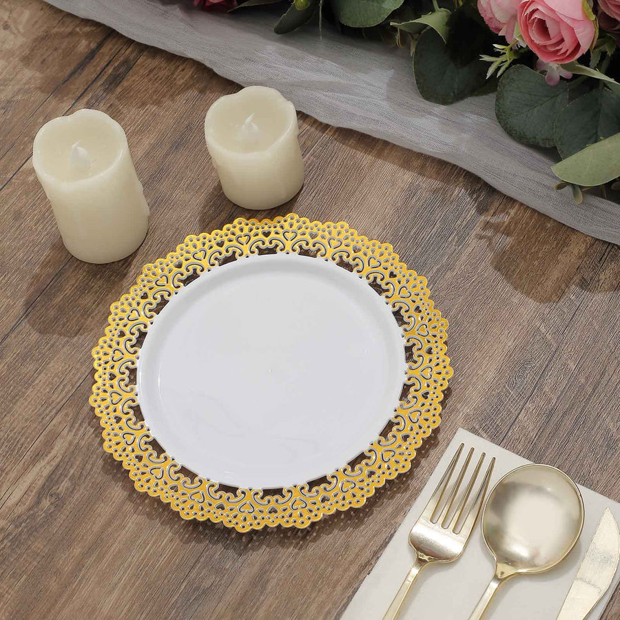10 Pack | 7inch White with Gold Lace Rim Plastic Salad Plates