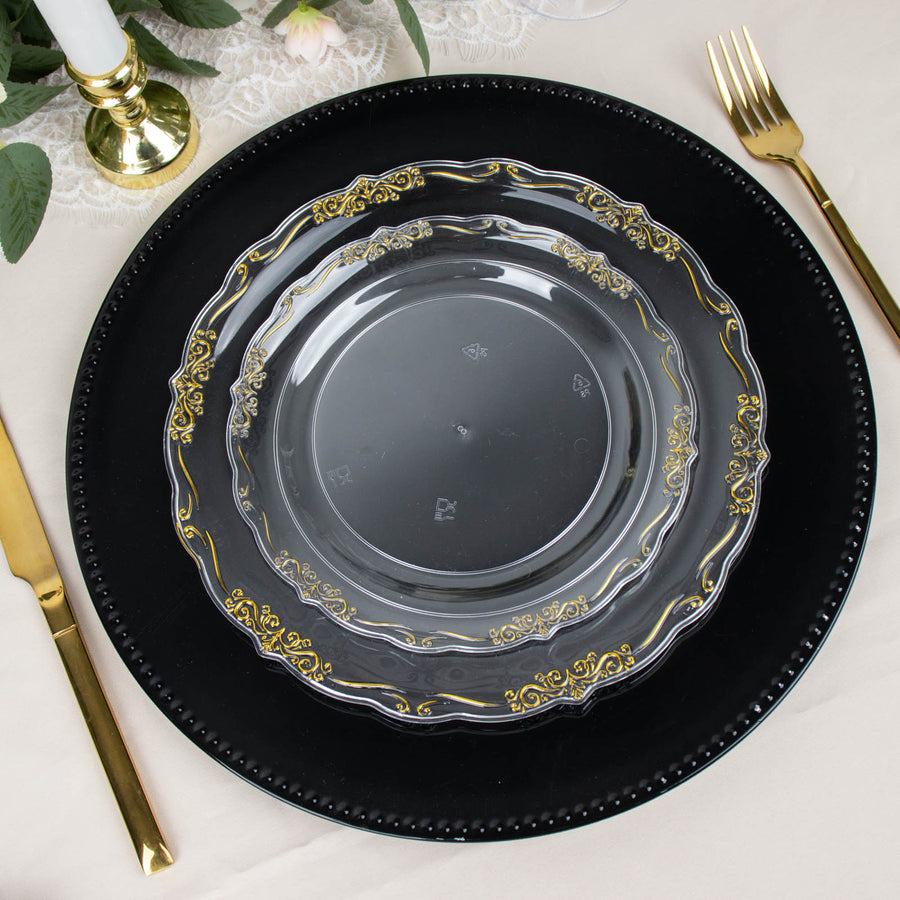 10 Pack | 10inch Gold Vintage Rim Clear Disposable Dinner Plates