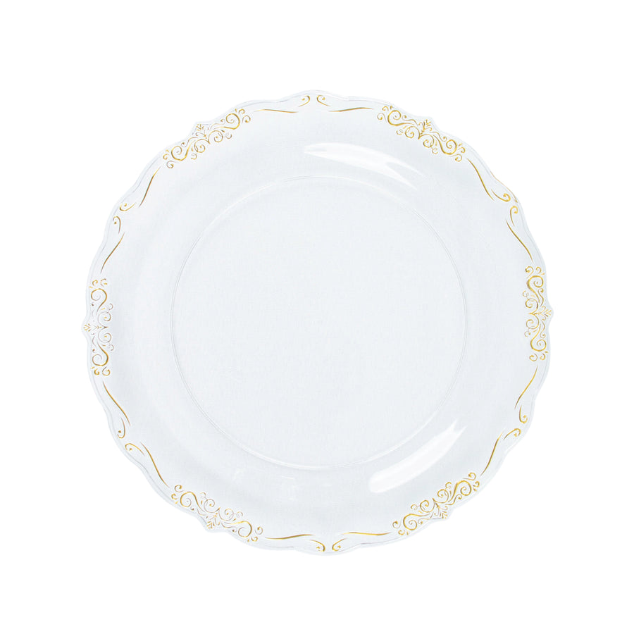 10 Pack | 7inch Gold Vintage Rim Clear Disposable Salad Plates With Embossed Scalloped Edges#whtbkgd