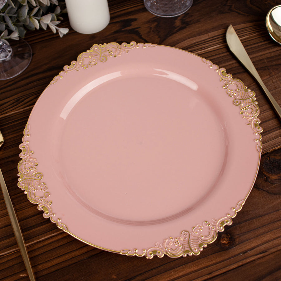 10 Pack | 10inch Dusty Rose Gold Leaf Embossed Baroque Plastic Dinner Plates