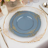 Dusty Blue Gold Leaf Embossed Baroque Plastic Dinner Plates, Disposable Vintage Round Dinner Plates