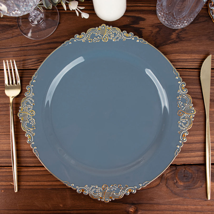 Dusty Blue Gold Leaf Embossed Baroque Plastic Dinner Plates, Disposable Vintage Round Dinner Plates
