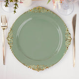 Dusty Sage Gold Leaf Embossed Baroque Plastic Dinner Plates, Disposable Vintage Round Dinner Plates