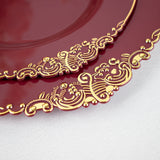 10inch Burgundy Gold Leaf Embossed Baroque Plastic Dinner Plates, Disposable Vintage Round Plates