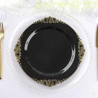 Black Plastic Party Plates with Gold Leaf Embossed Baroque Rim