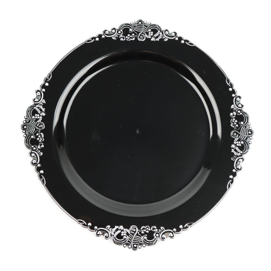 10 Pack | 10inch Black Silver Leaf Embossed Baroque Plastic Dinner Plates