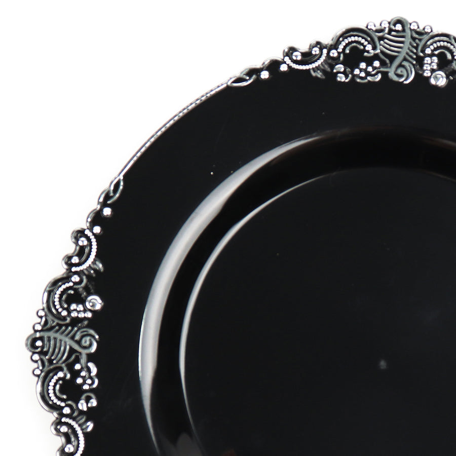10 Pack | 10inch Black Silver Leaf Embossed Baroque Plastic Dinner Plates#whtbkgd
