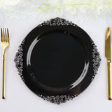 10 Pack | 10inch Black Silver Leaf Embossed Baroque Plastic Dinner Plates