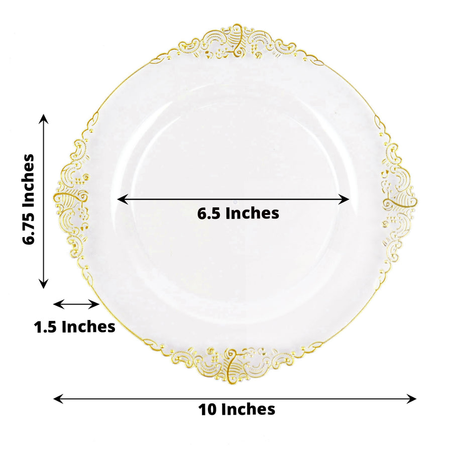 10 Pack | 10inch Clear Gold Leaf Embossed Baroque Plastic Dinner Plates