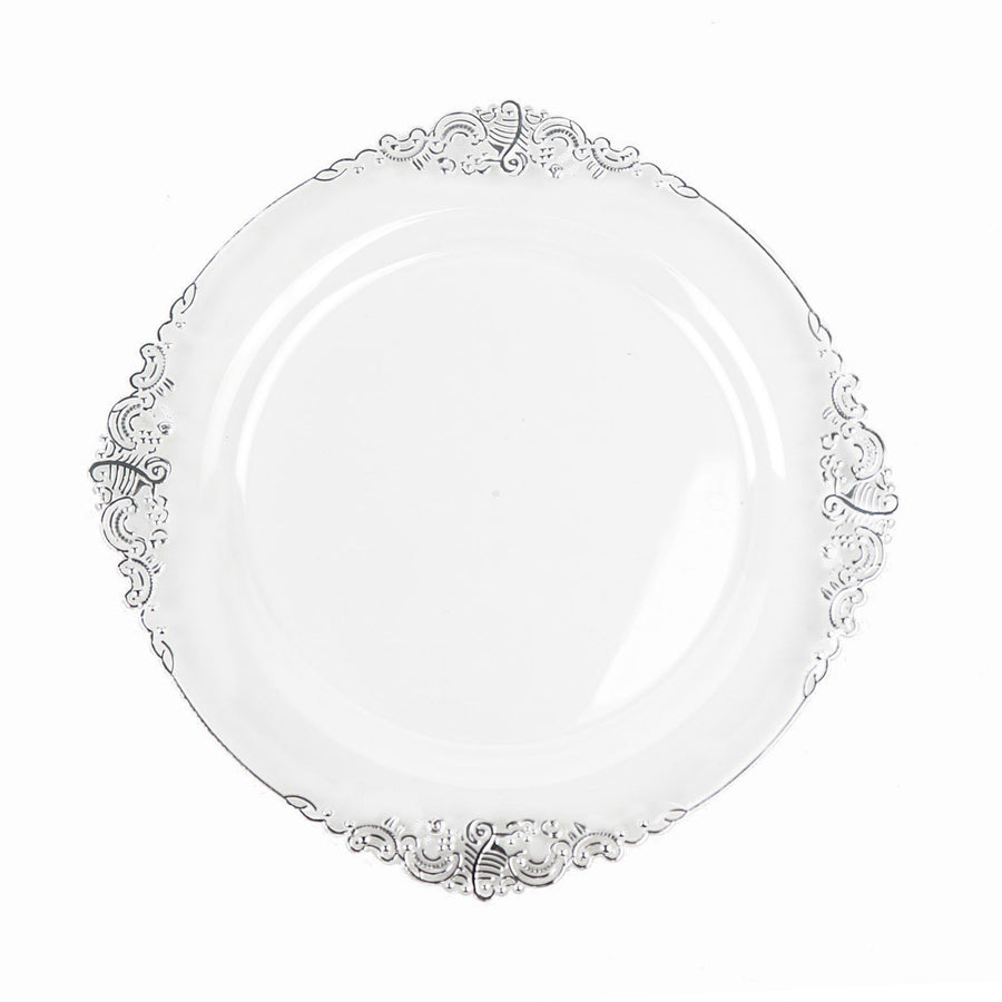 10 Pack | 10inch Clear Silver Leaf Embossed Baroque Plastic Dinner Plates