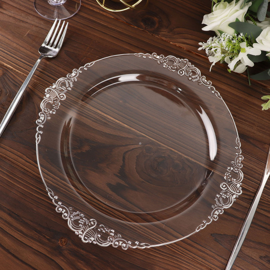10 Pack | 10inch Clear Silver Leaf Embossed Baroque Plastic Dinner Plates