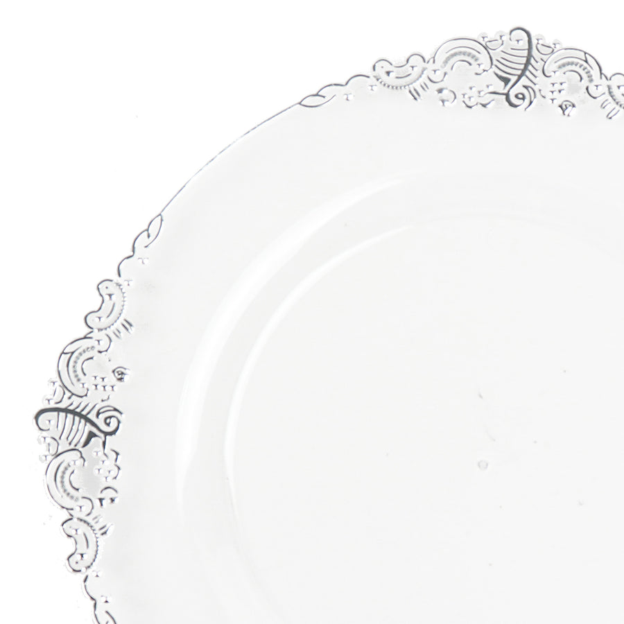 10 Pack | 10inch Clear Silver Leaf Embossed Baroque Plastic Dinner Plates#whtbkgd