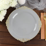 10inch Gray Gold Leaf Embossed Baroque Plastic Dinner Plates, Disposable Vintage Round Dinner Plates