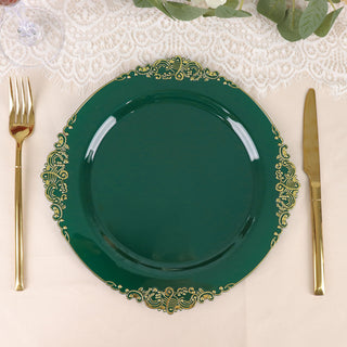 10 Pack 10" Hunter Emerald Green Plastic Party Plates With Gold Leaf Embossed Baroque Rim