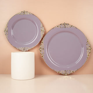 Elegant Lavender Lilac Plastic Party Plates with Gold Leaf Embossed Baroque Rim