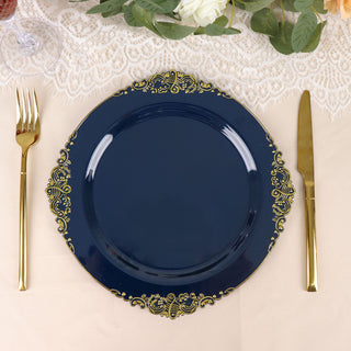 Elegant Navy Blue Plastic Party Plates with Gold Leaf Embossed Baroque Rim