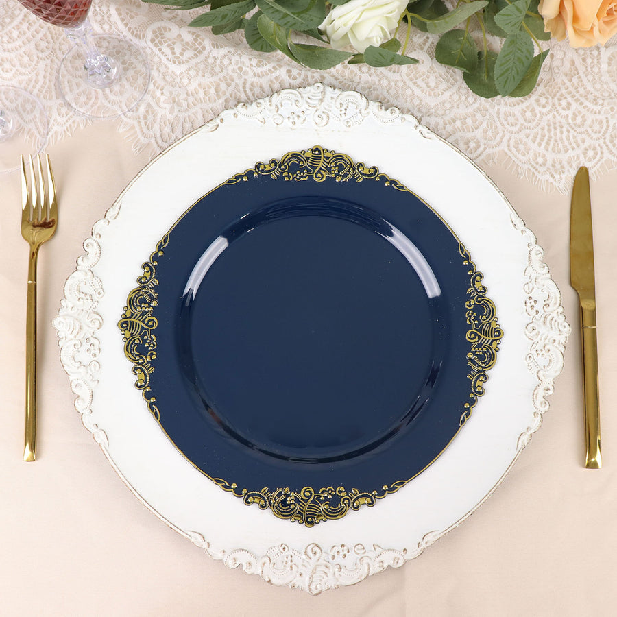 10inch Navy Blue Leaf Embossed Baroque Plastic Dinner Plates, Disposable Vintage Round Dinner Plates