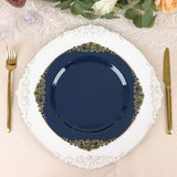 10inch Navy Blue Leaf Embossed Baroque Plastic Dinner Plates, Disposable Vintage Round Dinner Plates