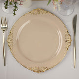 Taupe Gold Leaf Embossed Baroque Plastic Dinner Plates, Disposable Vintage Round Dinner Plates