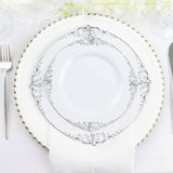10 Pack | 10inch White Silver Leaf Embossed Baroque Plastic Dinner Plates