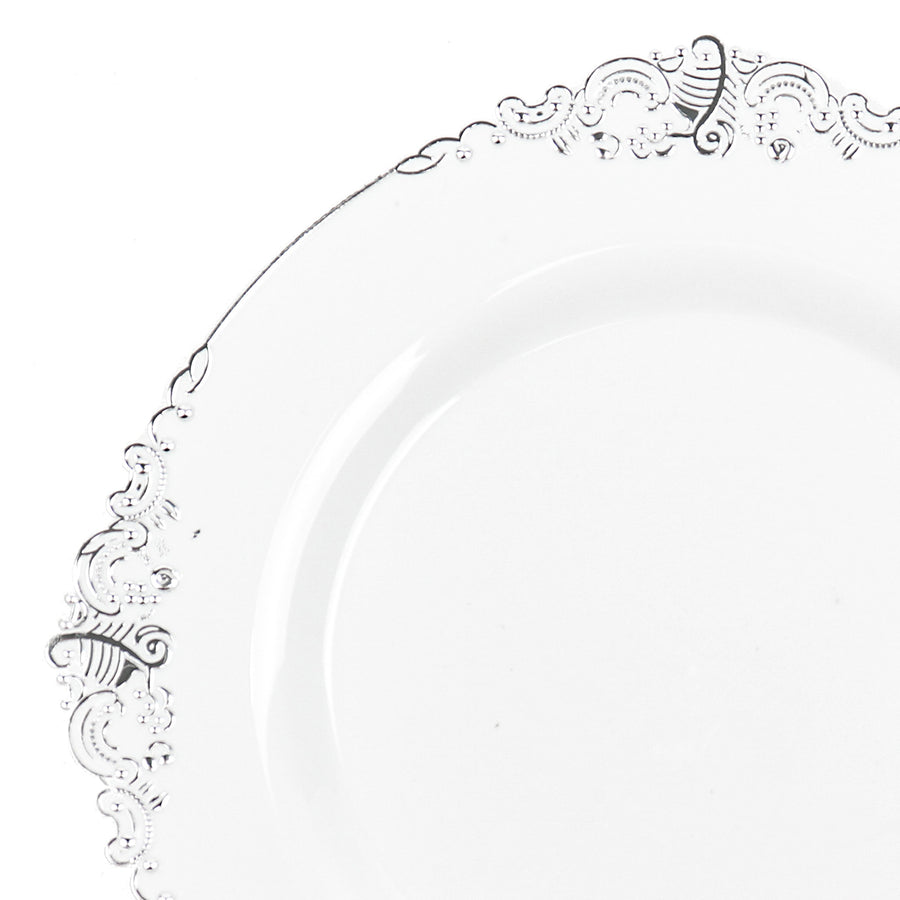 10 Pack | 10inch White Silver Leaf Embossed Baroque Plastic Dinner Plates#whtbkgd