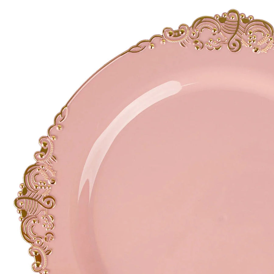 10 Pack 8inch Dusty Rose Plastic Salad Plates With Gold Leaf Embossed Baroque Rim, Round#whtbkgd