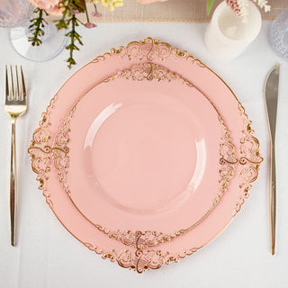 Dusty Rose Plastic Salad Plates With Gold Leaf Embossed Baroque Rim
