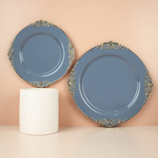 Elegant Dusty Blue Plastic Salad Plates with Gold Leaf Embossed Baroque Rim