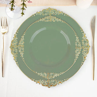 Dusty Sage Green Plastic Salad Plates with Gold Leaf Embossed Baroque Rim