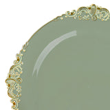 Dusty Sage Gold Leaf Embossed Baroque Plastic Salad Plates, Disposable Vintage Round Appetizer#whtbkgd