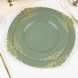 Dusty Sage Gold Leaf Embossed Baroque Plastic Salad Plates, Disposable Vintage Round Appetizer
