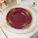 8inch Burgundy Gold Leaf Embossed Baroque Plastic Salad Plates, Disposable Round Appetizer Plates